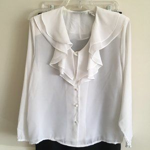 Vintage Karen Scott White Ruffle Chest Long Sleeve Dressy Blouse-Size 10